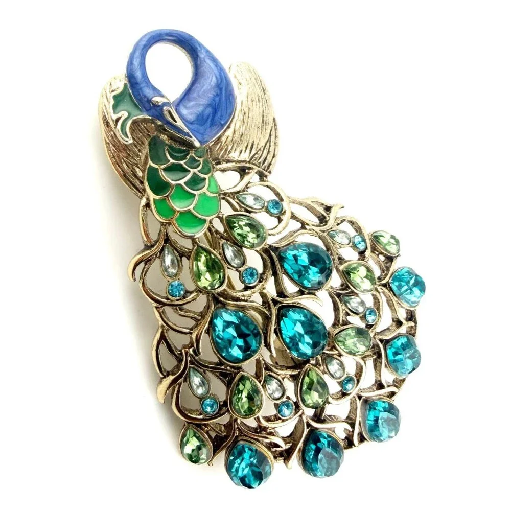 Dana Buchman Signed Peacock Brooch Blue Green Crystal Enamel Statement Pin